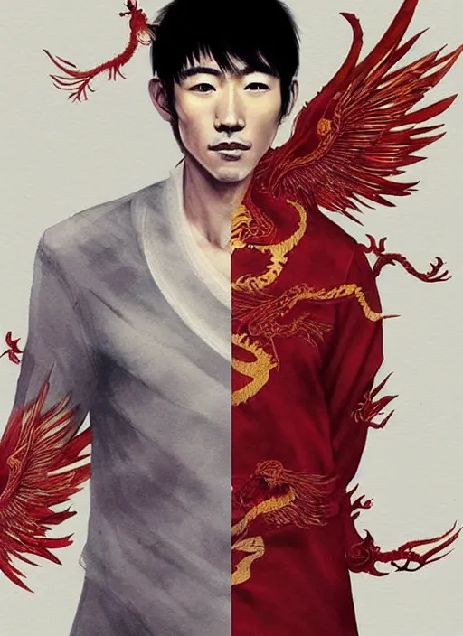 Image similar to concept art, a young chinese man with a pair of phoenix eyes, looks like kimura takuya, fair complexion, straight nose, thin lips, delicate eyebrows, handsome and elegant, wearing a chinese tunic suit with a red chinese dragon embroidered on it, conrad roset, greg rutkowski, flume cover art