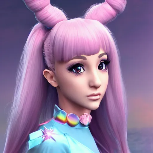 Image similar to A beautiful portrait of a Ariana Grande from the rainbow sky paradise in the process of transforming into her magical girl outfit, Pixiv 3DCG, Daz Studio