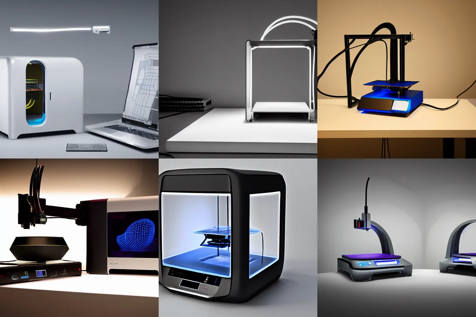 Prompt: advanced new 3 d printer, mood lighting, futurism, product photography
