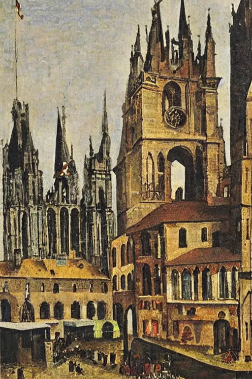 Prompt: a painting by max ernst of a medieval town square with a looming cathedral