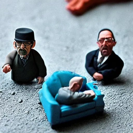 Prompt: “Clay miniature models of Saul Goodman fighting Walter White, in the style of claymation, Play-doh, tilt-shift photography”