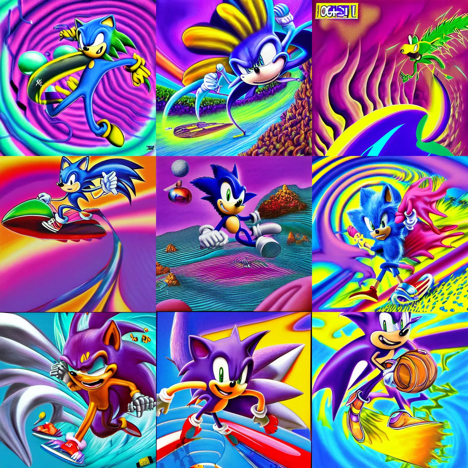 Prompt: surreal, sharp, detailed professional, soft pastels, high quality airbrush art mgmt album cover of a liquid dissolving airbrush art lsd dmt sonic the hedgehog surfing through cyberspace, purple checkerboard background, 1 9 9 0 s 1 9 9 2 sega genesis video game album cover