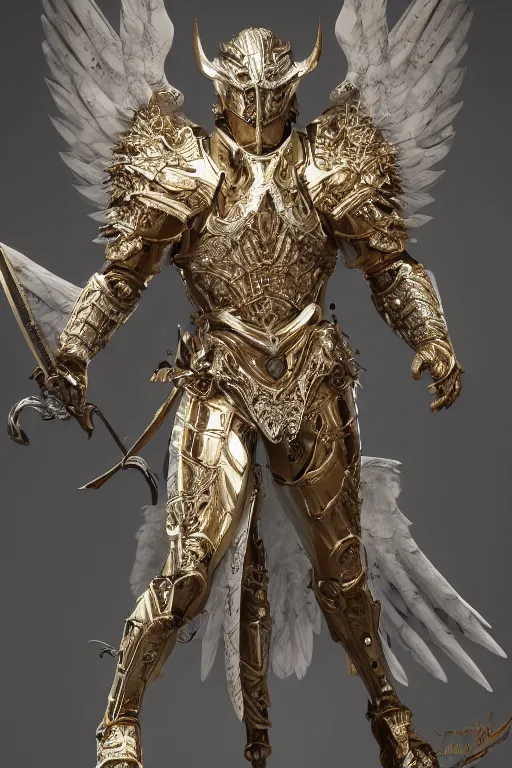 Image similar to a photo of 8k ultra realistic archangel, full body, diablo, intricate white and gold armor, sword, ornate, cinematic lighting, hyperrealistic, focused, high details, unreal engine 5, cinematic, Trending on artstation, artstationHD, artstationHQ, 4k, 8k