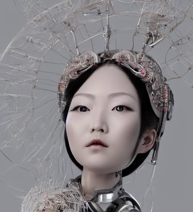 Image similar to portrait of a beautiful japanese robotic geisha with wires and actuators, dramatic lighting, hyper - realistic, ultra - realistic, intricate details, japanese model, 8 k ultra high definition, octane render