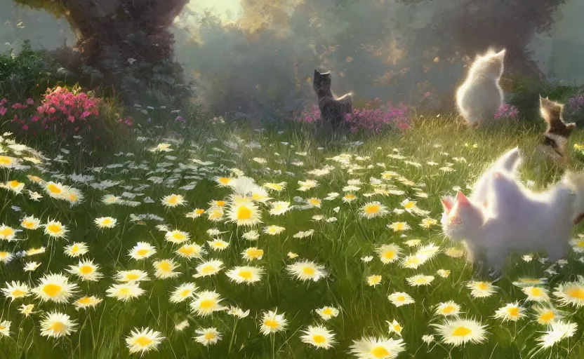 Image similar to cats and daisies, painting by craig mullins, octane rendering, soft morning lighting, wide angle lens, in the style of hayao miyazaki, trending on artstation,