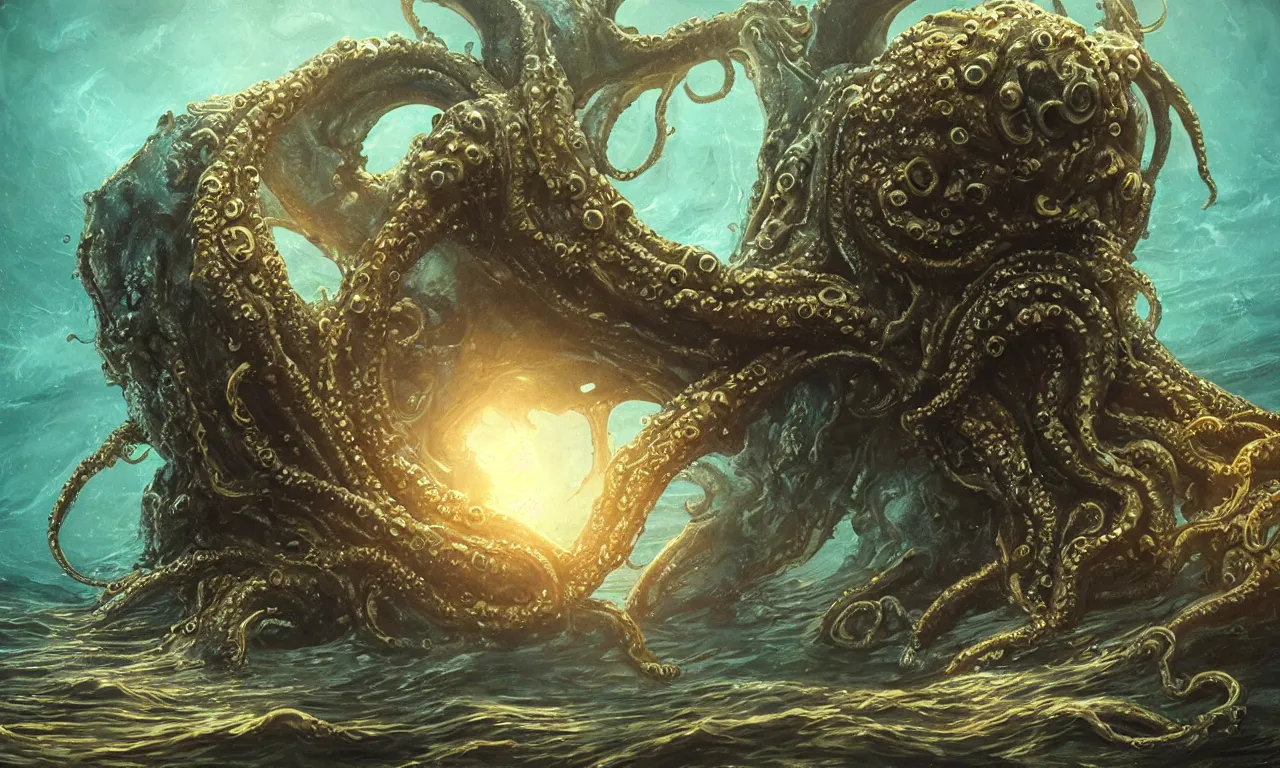 Image similar to Head Mysterious monster Cthulhu in the sea, huge tentacles sticking out of the water, oil on canvas, cold colors, perfect composition, golden ratio, beautiful detailed, photorealistic, digital painting, artstation, concept art, smooth, sharp focus, illustration, cyberpunk background, artstation trending, octane render, unreal engine