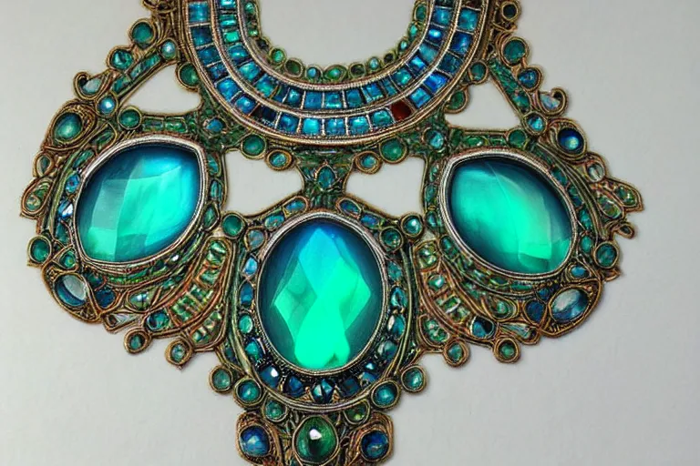 Image similar to highly detailed oil painting, very realistic gemstones, symmetrical, art nouveau, ornate, delicate, brilliant green, cyan and light blue gemstone necklace, dramatic light,