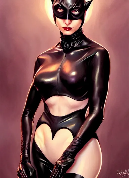 Image similar to Portrait of Catwoman, D&D, latex, fantasy, intricate, elegant, highly detailed, digital painting, artstation, concept art, smooth, sharp focus, illustration, art by artgerm and greg rutkowski and alphonse mucha