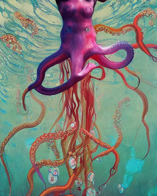 Image similar to a beautiful girl underwater wearing a colourful octopus as a dress and surrounded by glowing jellyfish, painted by edgar maxence, edward hopper, wayne barlowe and james gilleard, airbrush, art by jamesjean