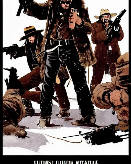 Prompt: epic action gunfight scene from The Hateful Eight by Quentin Tarantino in style by Dave Gibbons and Yoji Shinkawa, trending on artstation, details, intricate, 4k, perfect faces