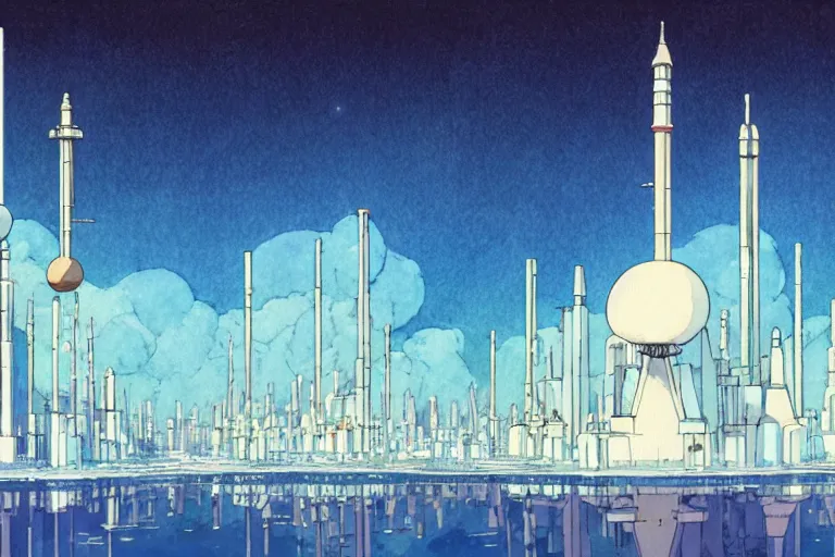 Prompt: a panorama illustration of a futuristic moonbase by studio ghibli, symmetry, watercolors