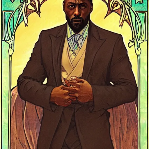 Image similar to idris elba portrait by louis - theophile hingre and alphonse mucha, realistic, sharp focus, zodiac signs, tarot cards, planets, ethereal, art nouveau, magic, moon, sun, crown, dreamy, royal, jewellery