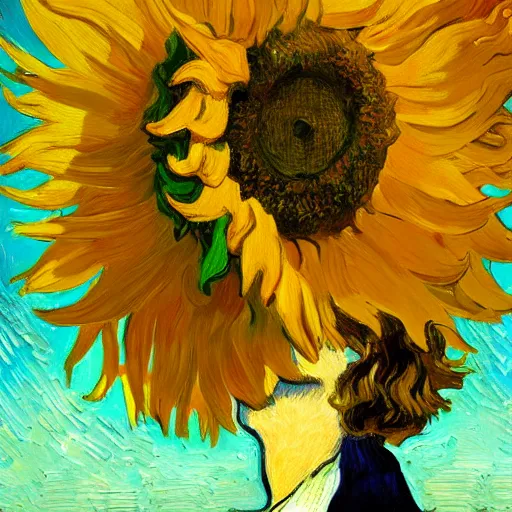 Image similar to closeup, giant sunflower head, woman standing in a room, surreal, dramatic light, impressionist painting, digital painting, artstation, van gogh