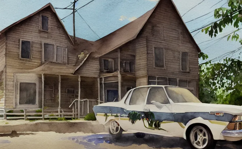 Image similar to a watercolor painting of a chevrolet opala parked near a 1 9 0 0 s house, digital painting, masterpiece, hyperrealistic, concept art, trending on deviantart, highly detailed, high quality, 4 k, symmetrical, low contrast, watercolor, warm, soft lighting, path traced, godrays, vintage, soft colors