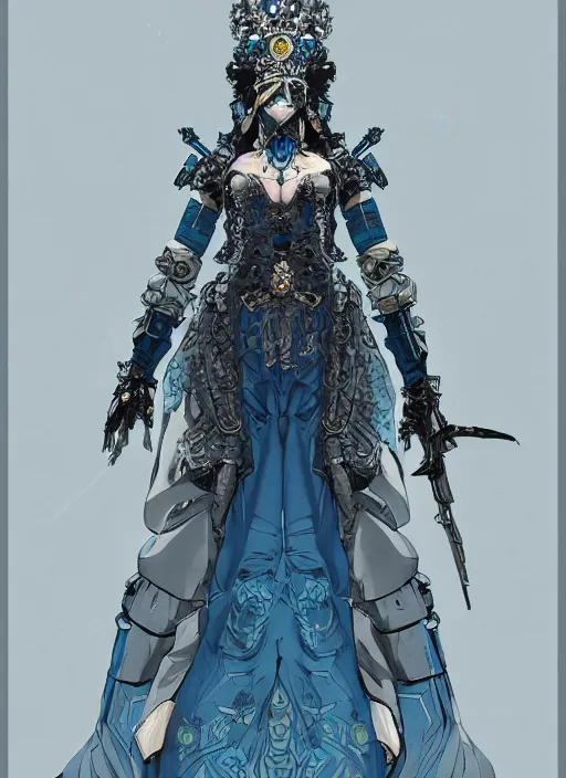 Prompt: beautiful queen in a heavy iron mask and ornate pale blue dress, gray hair. in style of yoji shinkawa and hyung - tae kim, trending on artstation, dark fantasy, great composition, concept art, highly detailed, dynamic pose, vibrant colours.