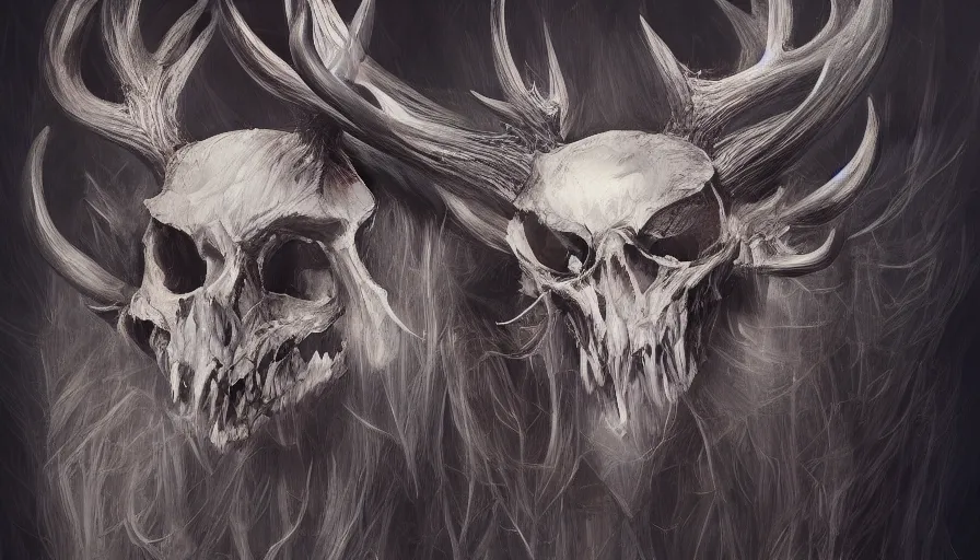 Image similar to deer skull mask ultra detailed fantasy, extremely detailed, jama jurabaev, greig fraser, roger deakins, shaddy safadi, feng shu, neil blevins, trending on artstation, high quality, brush stroke