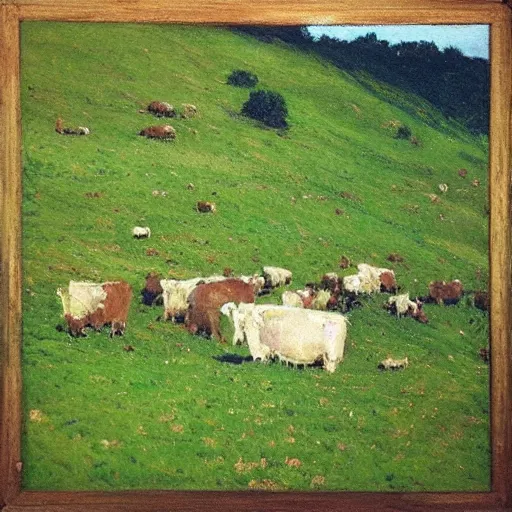 Prompt: “an impressionist painting of an avalanche of cows tumbling down a Green Mountain”