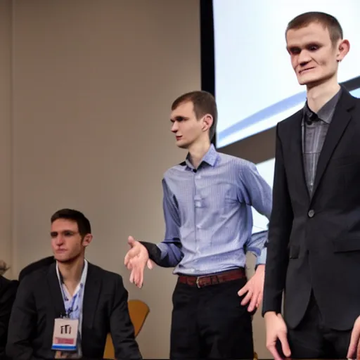 Prompt: vitalik buterin wearing a suit presenting at a conference, muscular, Canon EOS, full shot