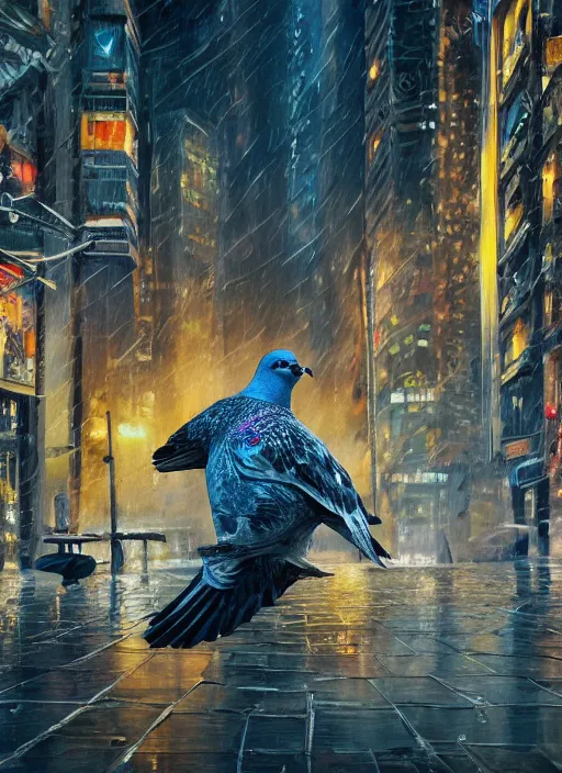 Prompt: oil painting of a lone pigeon in a futuristic city, portrait, raining, 4 k, detailed, realistic, gritty, buildings, streets, dystopian