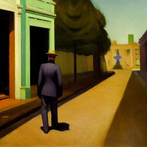 Image similar to oil painting of a man wandering the abandoned streets of an overgrown city, edward hopper.