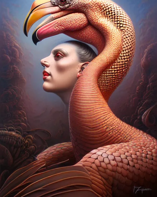 Image similar to a detailed portrait of dreampunk flamingo python hybrid mix goddess by tomasz alen kopera and peter mohrbacher