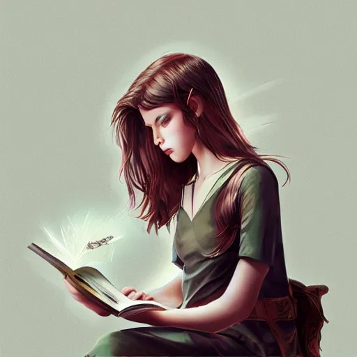 Image similar to a girl reading book, sci-fi, glossy eyes, face, long hair, fantasy, intricate, elegant, highly detailed, digital painting, artstation, concept art, smooth, sharp focus, illustration