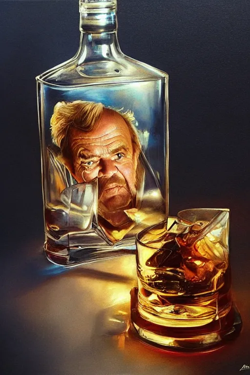 Image similar to a ship in a bottle but instead of a ship it is jack nicholson in the bottle, the shining, whiskey bottle, masterpiece painting by artgerm, ruan jia, tom bagshaw