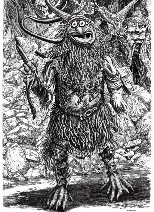 Image similar to a muppet as a D&D monster, full body, pen-and-ink illustration, etching, by Russ Nicholson, DAvid A Trampier, larry elmore, 1981, HQ scan, intricate details, Monster Manula, Fiend Folio