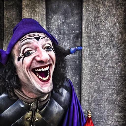 Prompt: medieval jester laughing, sinister, photograph, portrait,