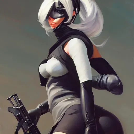 Image similar to greg manchess portrait painting of yorha type a no. 2 as tracy from overwatch from behind, organic painting, sunny day, matte painting, bold shapes, hard edges, street art, trending on artstation, by huang guangjian and gil elvgren and sachin teng