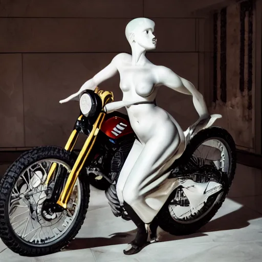 Image similar to a beautiful cinematic lit scene in the guggenheim museum of a white armless marble statue of a woman, with a motorcycle in background with motocross colors and corporate logos in the style of virgil abloh, matthew williams, offwhite, givenchy