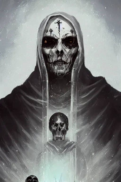 Prompt: portrait of necromancer priest in obsidian robes with white ornaments, skulls, white smoke, concept art, style by anato finnstark,