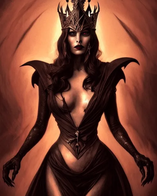 Image similar to portrait of an evil queen, dark magic, beautiful face, attractive young woman,heroic pose, full body, dramatic lighting, dark and horror, dust and blood, intricate, wild, highly detailed, digital painting, artstation, concept art, smooth, sharp focus, illustration, art by artgerm and greg rutkowski and alphonse mucha, footage from space camera