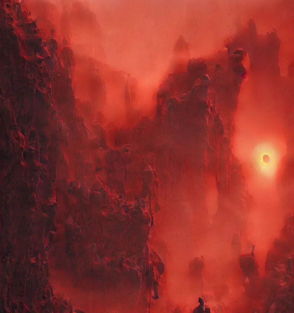 Prompt: magical landscape, chiaroscuro, red fabric, metalic parts, transparent smoke from hell, notan sun in the background, abstract, surreal art, painted by beksinski and android jones