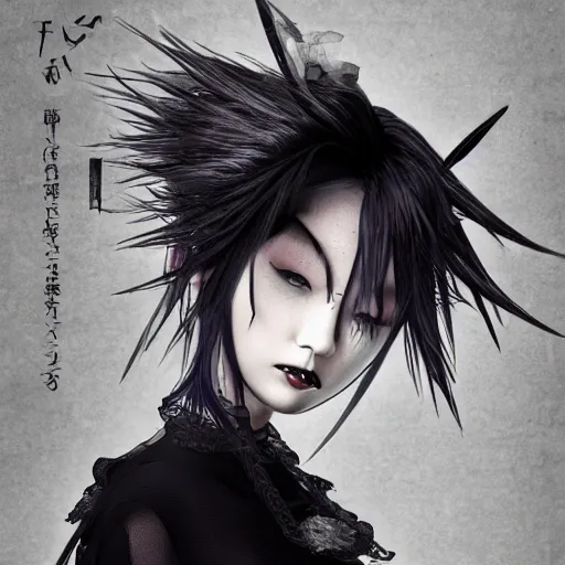 Image similar to japanese gothic model with maximalist hair style and kanji tattoos, dark colors, fashion model, portrait shot, depth of field, 8 k, hyper detailed, intricate, trending on artstation