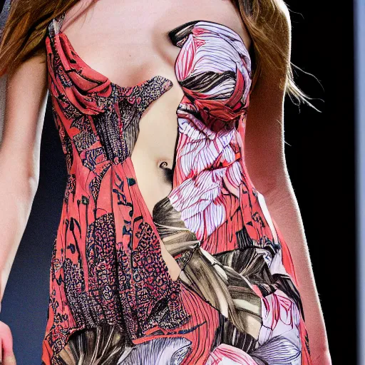 Prompt: A fashion model with print of a female body on dress,, catwalk, highly detailed