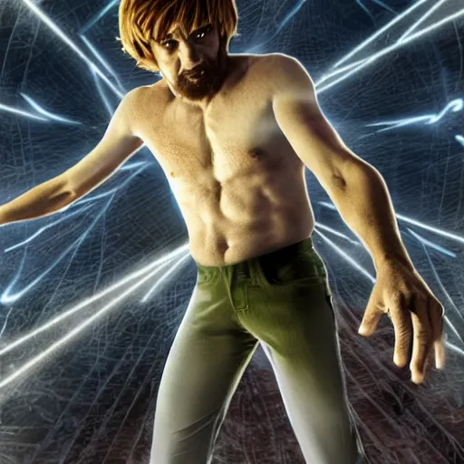 Image similar to shaggy tranforming into his eternal multiarmed form, incricate detail, volumetric lighting, high energy