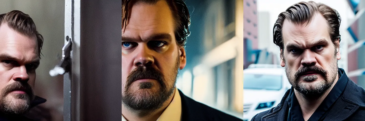 Prompt: close-up of David Harbour as a detective in a movie directed by Christopher Nolan, movie still frame, promotional image, imax 70 mm footage