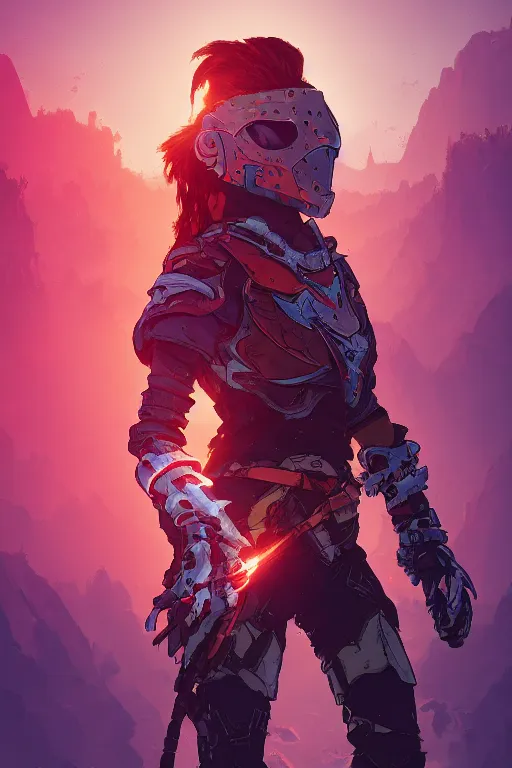 Image similar to combination suit armor aloy horizon forbidden west horizon zero dawn radiating a glowing aura global illumination ray tracing hdr fanart arstation by ian pesty and alena aenami artworks in 4 k tribal robot ninja mask helmet backpack