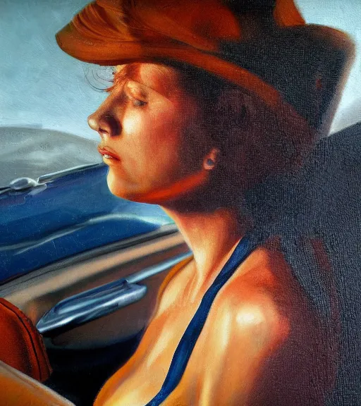 Prompt: high quality high detail painting by alberto mielgo and jaime jones, woman smoking in a car, hd