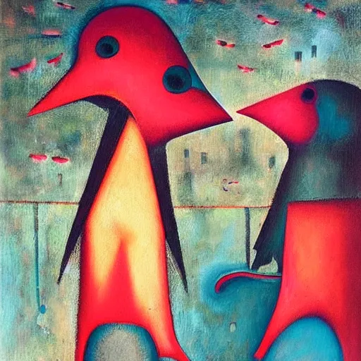 Image similar to Oil painting by Rufino Tamayo. Mechanical gods with bird faces kissing. Oil painting by Lisa Yuskavage.
