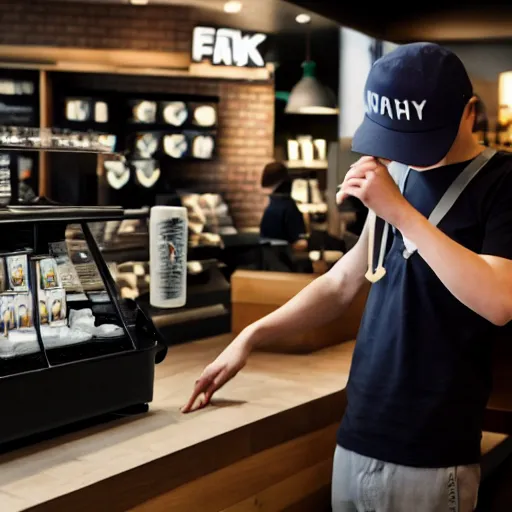 Image similar to filthy frank working at starbucks, 4 k, high resolution, still, landscape, hd, dslr, hyper realistic