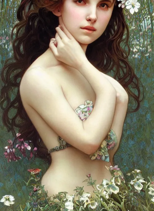 Prompt: realistic detailed painting of a 1 6 - year old girl who resembles millie bobby brown and natalie portman with a shy, blushing, coy expression by alphonse mucha, ayami kojima amano, charlie bowater, karol bak, greg hildebrandt