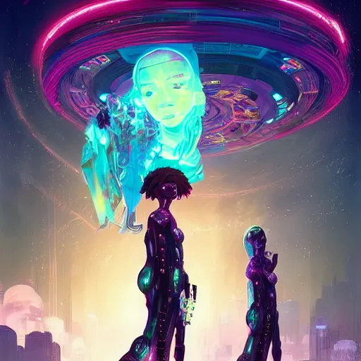 Image similar to afro - cyberpunk deities unseen amongst their creations, gods and men, a society manifesting dreams with cosmic ancestral magic in a modern world | hyperrealistic oil painting | by makoto shinkai, ilya kuvshinov, lois van baarle, rossdraws, basquiat | afrofuturism, in the style of surrealism, trending on artstation | dark color scheme