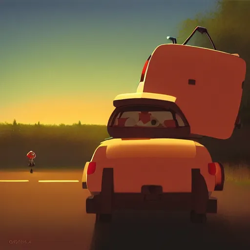 Image similar to goro fujita ilustration rear view of a car equipped with suitcases heading to the forest at sunset, painting by goro fujita, sharp focus, highly detailed, artstation