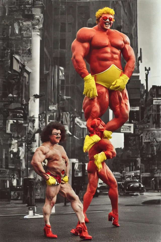 Image similar to Ronald McDonald as a bodybuilder in front of McDonald\'s, photo by Anne Liebovitz