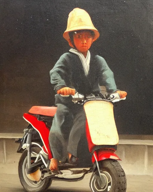 Image similar to asian school boy riding moped, aged oil painting by le pho