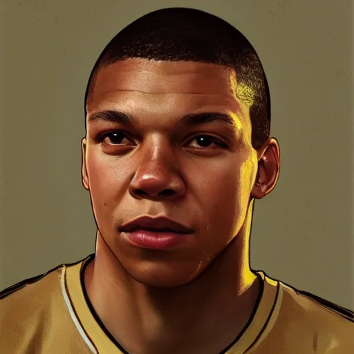 Image similar to Portrait of Kylian Mbappé, digital painting, highly detailed, concept art, Artstation, Cgsociety, by Artgerm, by Alphonse Mucha, by Wlop