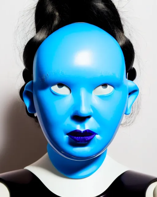 Image similar to symmetrical close - up portrait of a woman wearing a neon blue silicone beauty mask and hair rolls, wearing a black bodysuit by alexander mcqueen, cream white background, biotechnology, humanoide robot, bjork aesthetic, translucent, by rineke dijkstra, masterpiece,