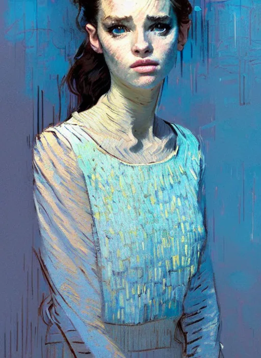 Image similar to portrait of a beautiful girl, new york backdrop, very sad, pastel shades of light blue and light yellow, beautiful face, rule of thirds, intricate outfit, spotlight, by greg rutkowski, by jeremy mann, by francoise nielly, by van gogh, digital painting